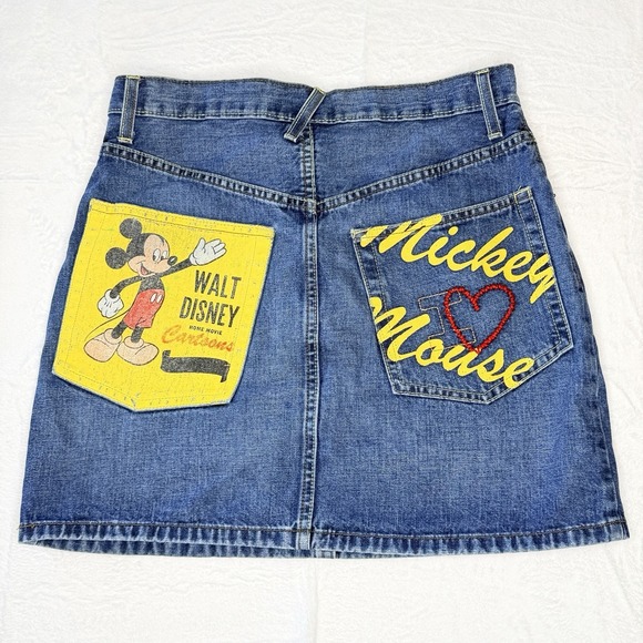 Disney Dresses & Skirts - VTG Y2K Disney Denim Mini Skirt Mickey Mouse Back Patch Graphic USA M Nostalgic